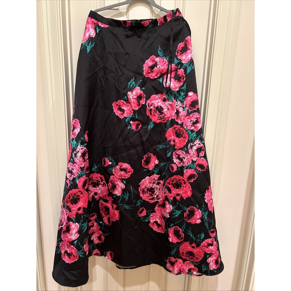 Maxi Skirt Women 13/14 Black Pink Floral Satin A-Line Homecoming Y2K 10 Things